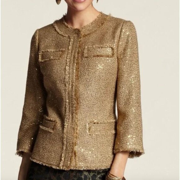 NWT Chicos Noelle Goldie Tweed Sequins Arabian Camel Gold Jacket Women's Sz 1 - Picture 1 of 14
